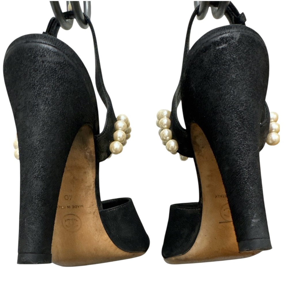 CHANEL‎ Black Satin Pearl Embellished Sandal Heels Women’s Size 40 Elegant Shoes - Picture 9 of 10